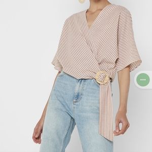 Topshop uk Striped‎ buckle wrap top brown cream stripe top sz 6 nwt